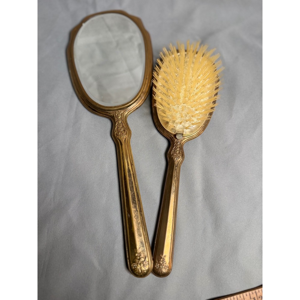 Vintage Mother of Pearl Inlay Gold Tone Vanity Set Hand Mirror Hairbrush 2pc - Picture 9 of 12